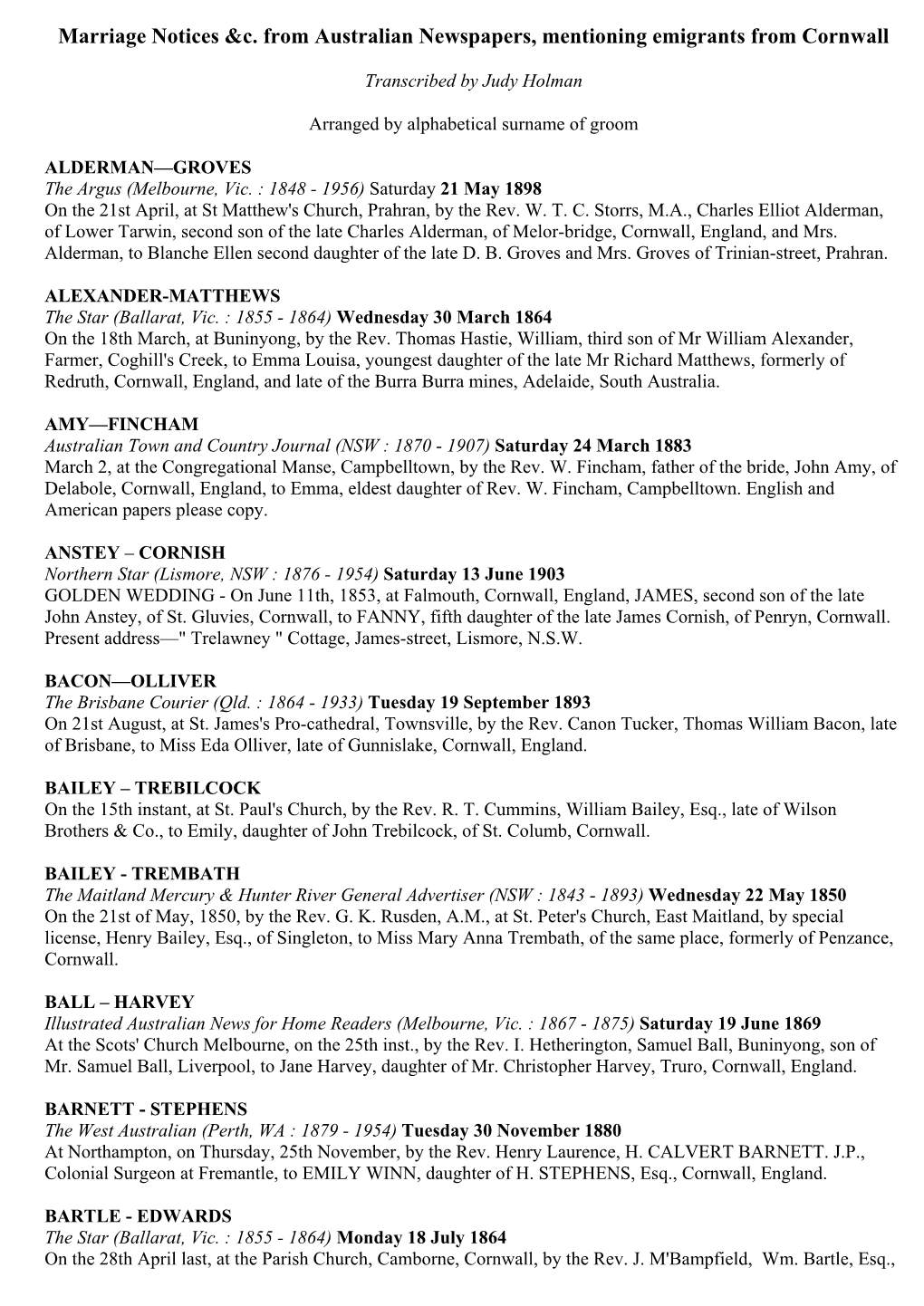 Marriage Notices &C. from Australian Newspapers, Mentioning Emigrants