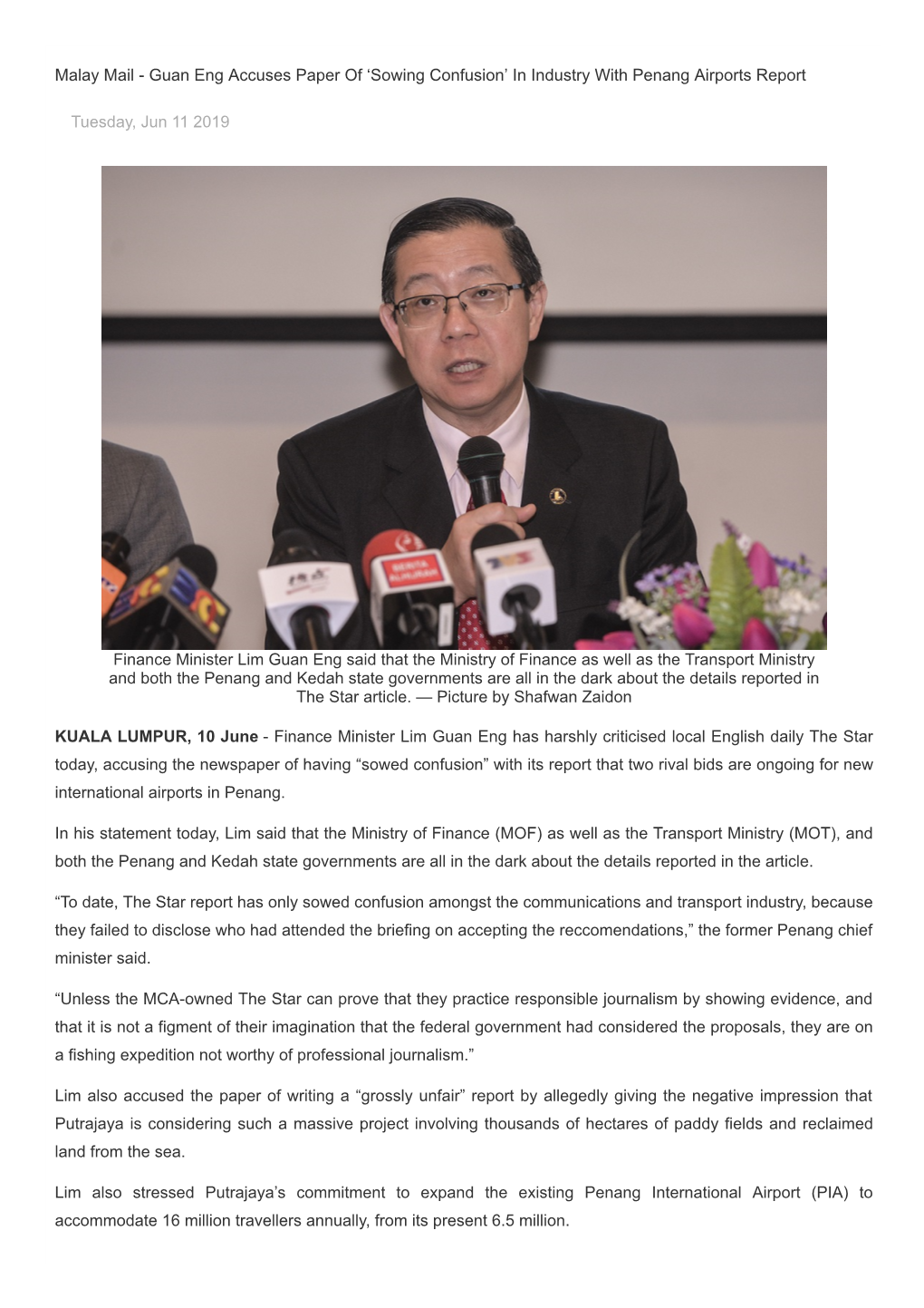 Malay Mail - Guan Eng Accuses Paper of ‘Sowing Confusion’ in Industry with Penang Airports Report