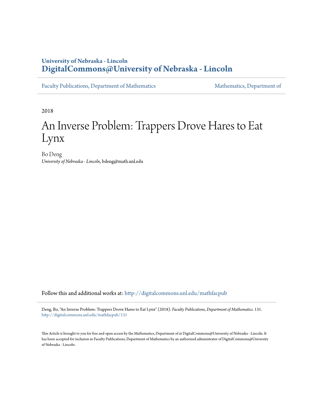 Trappers Drove Hares to Eat Lynx Bo Deng University of Nebraska - Lincoln, Bdeng@Math.Unl.Edu