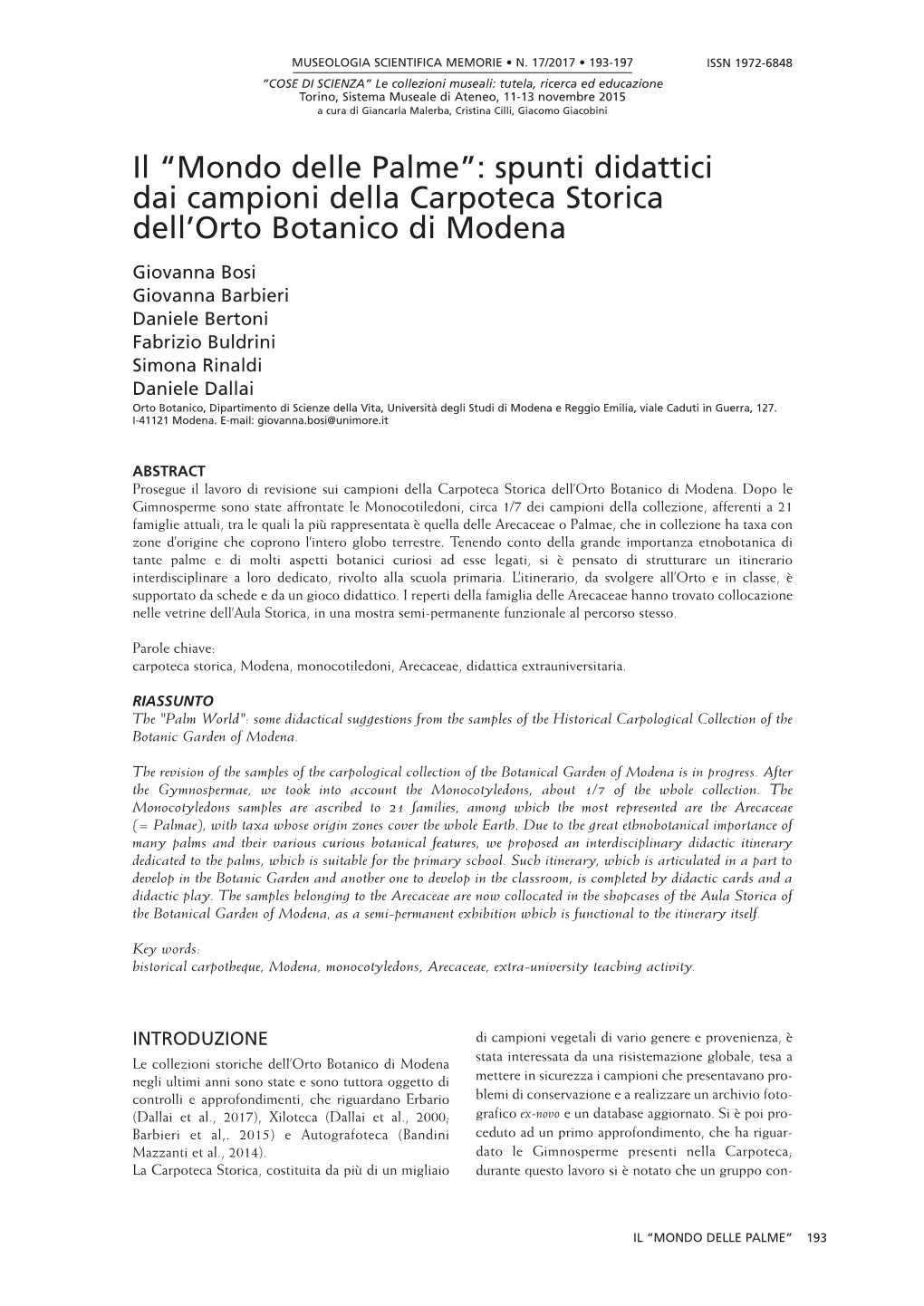 Il “Mondo Delle Palme”: Spunti Didattici Dai Campioni Della Carpoteca Storica Dell’Orto Botanico Di Modena