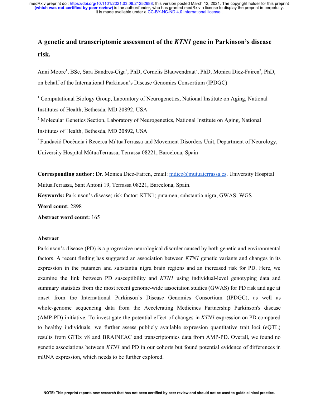 A Genetic and Transcriptomic Assessment of the KTN1 Gene in Parkinson’S Disease ​ ​ Risk