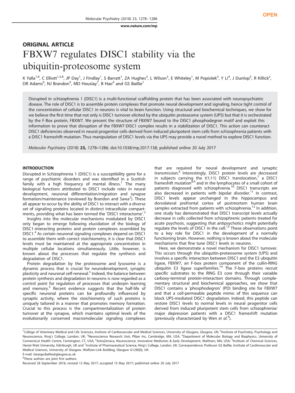 FBXW7 Regulates DISC1 Stability Via the Ubiquitin-Proteosome System