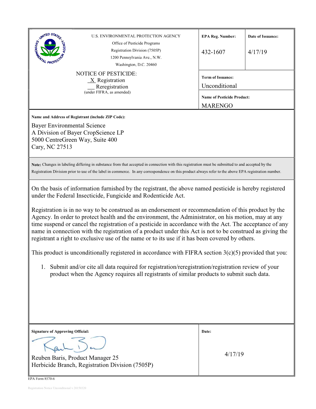 US EPA, Pesticide Product Label, MARENGO,04/17/2019