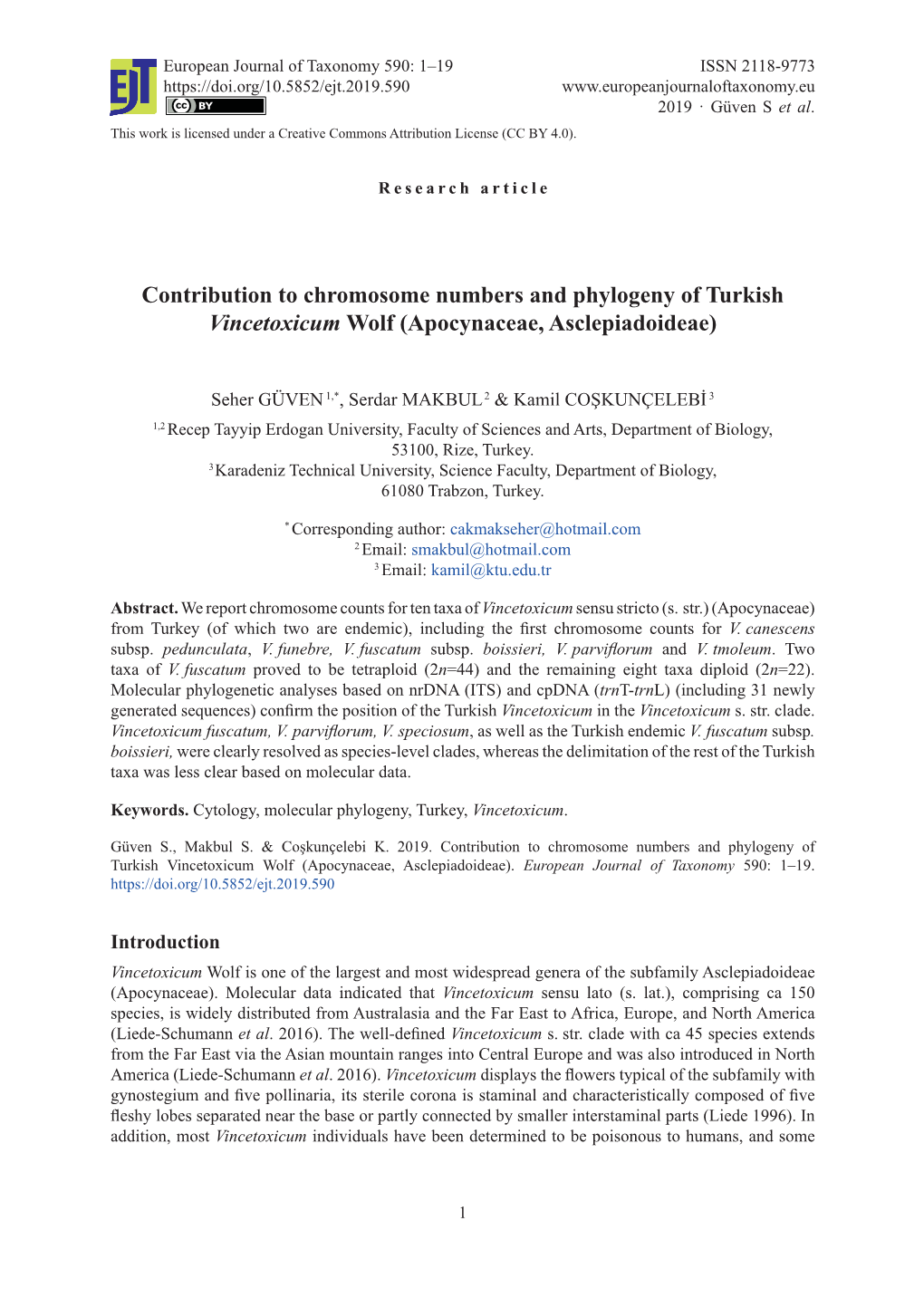 Contribution to Chromosome Numbers and Phylogeny of Turkish Vincetoxicum Wolf (Apocynaceae, Asclepiadoideae)