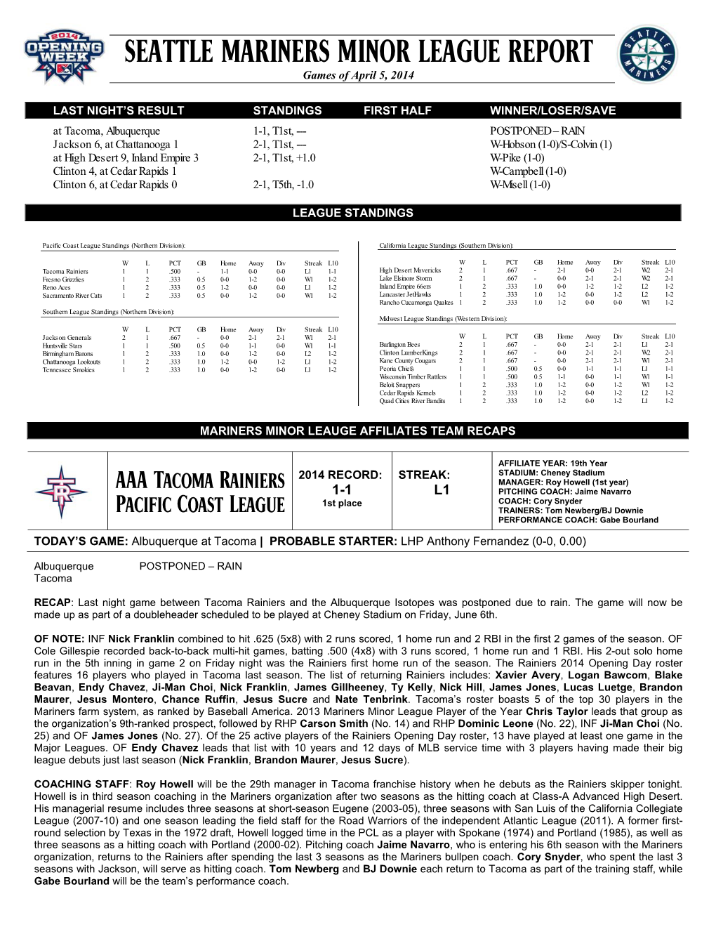SEATTLE MARINERS MINOR LEAGUE REPORT Games of April 5, 2014
