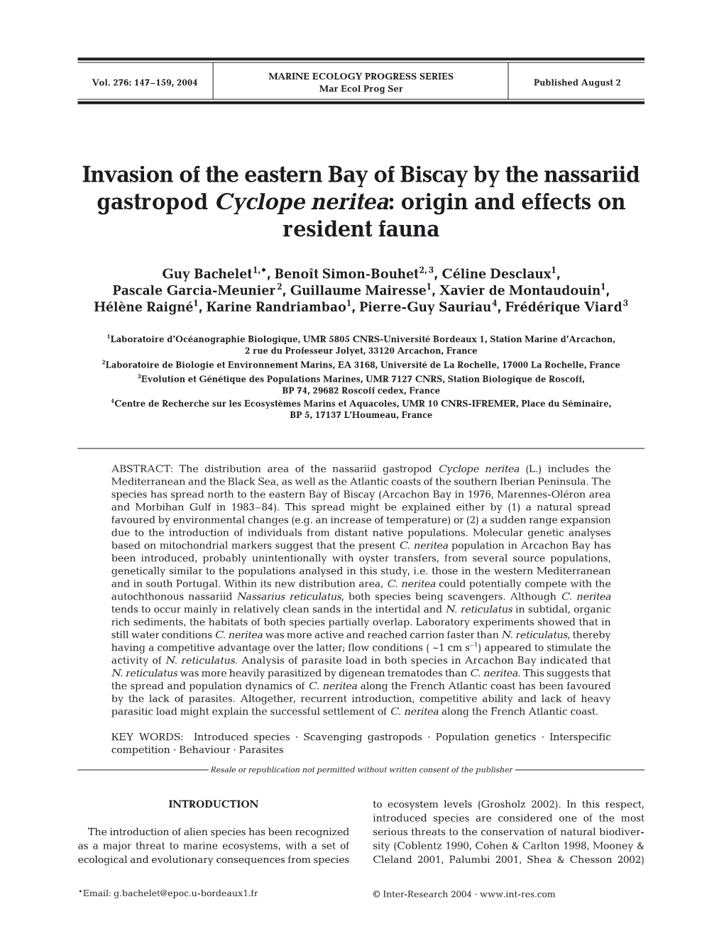 Invasion of the Eastern Bay of Biscay by the Nassariid Gastropod Cyclope Neritea: Origin and Effects on Resident Fauna