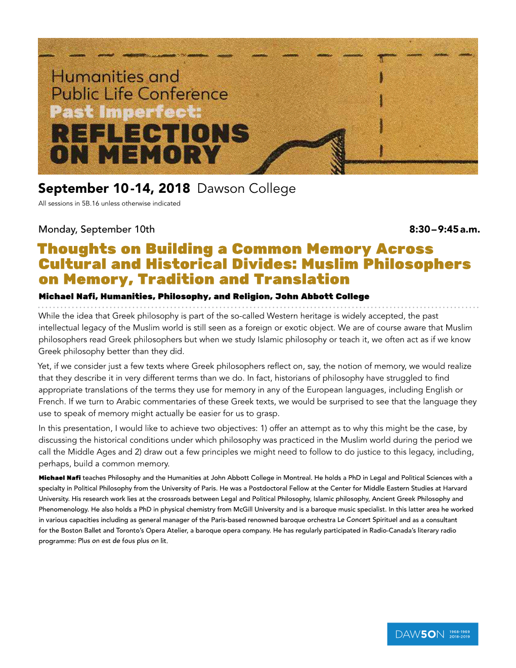 Muslim Philosophers on Memory, Tradition and Translation Michael Nafi, Humanities, Philosophy, and Religion, John Abbott College
