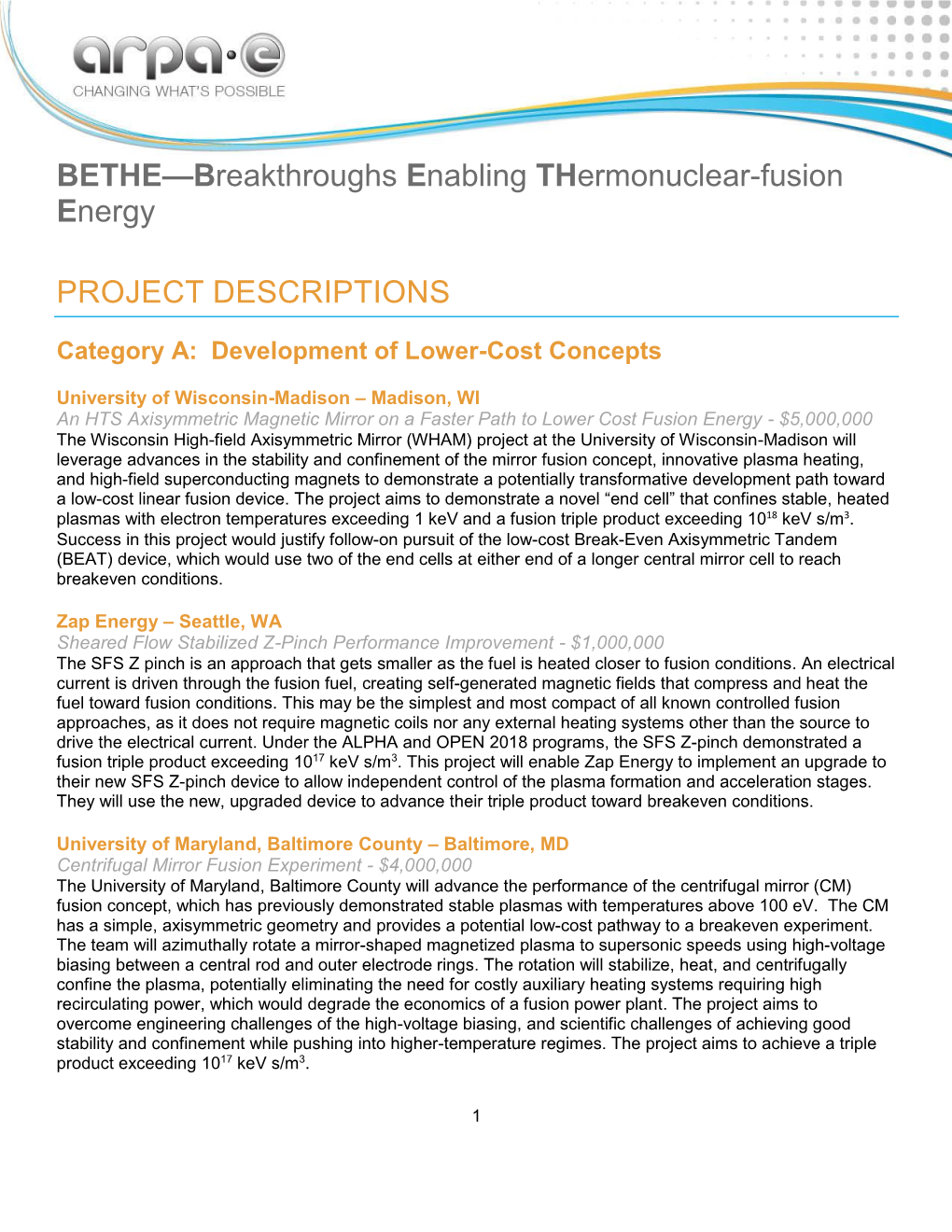 BETHE—Breakthroughs Enabling Thermonuclear-Fusion Energy