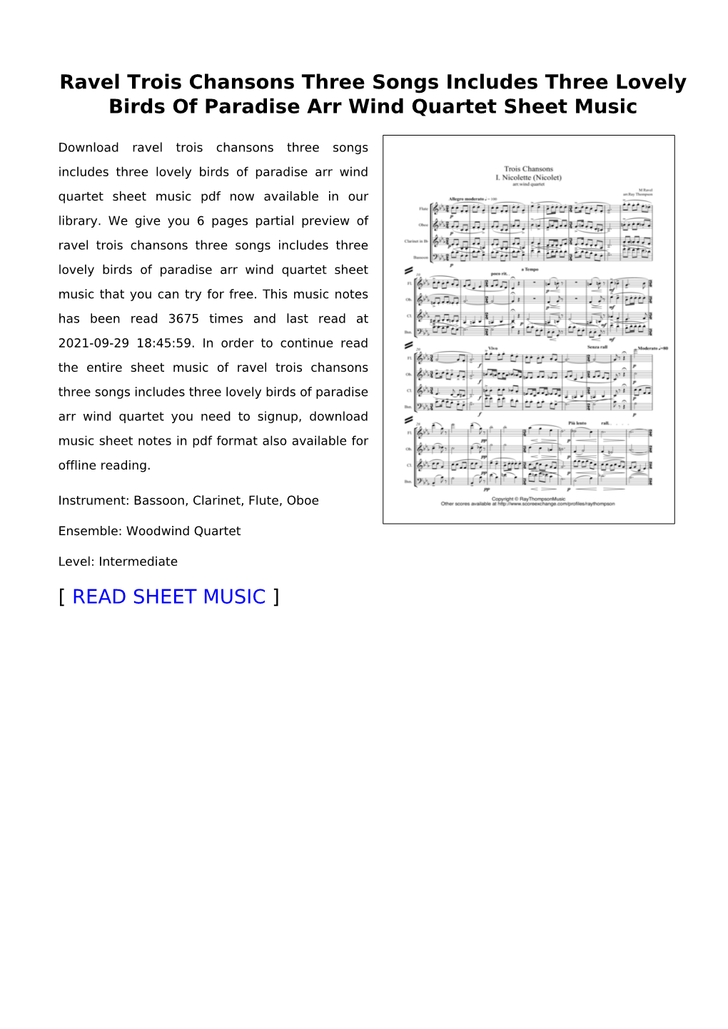 Ravel Trois Chansons Three Songs Includes Three Lovely Birds of Paradise Arr Wind Quartet Sheet Music