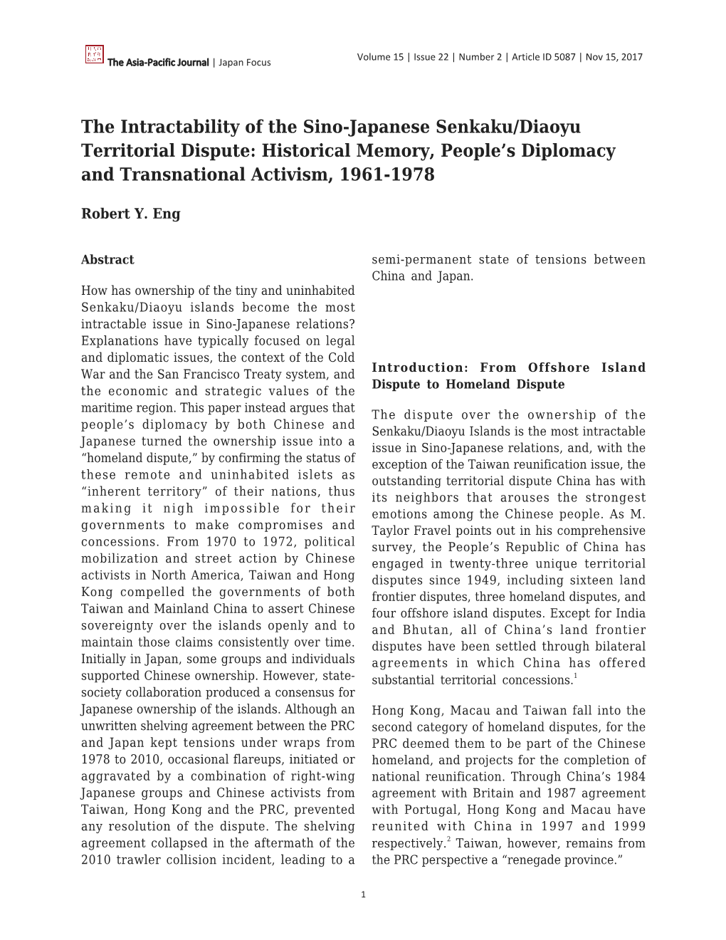 The Intractability of the Sino-Japanese Senkaku/Diaoyu Territorial Dispute: Historical Memory, People’S Diplomacy and Transnational Activism, 1961-1978