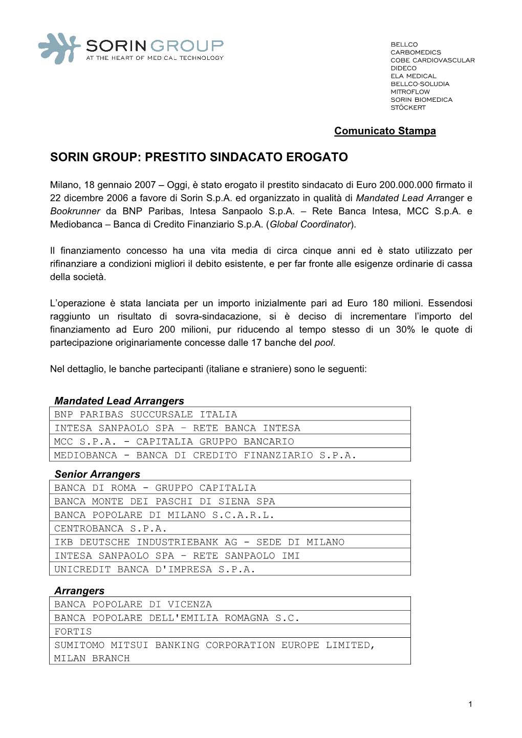 Financing Sorin.ITA 18.01.07