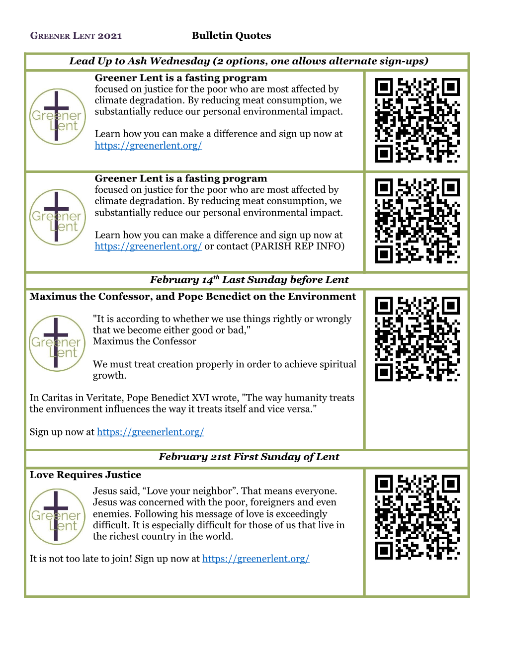 Bulletin Quotes Lead up to Ash Wednesday