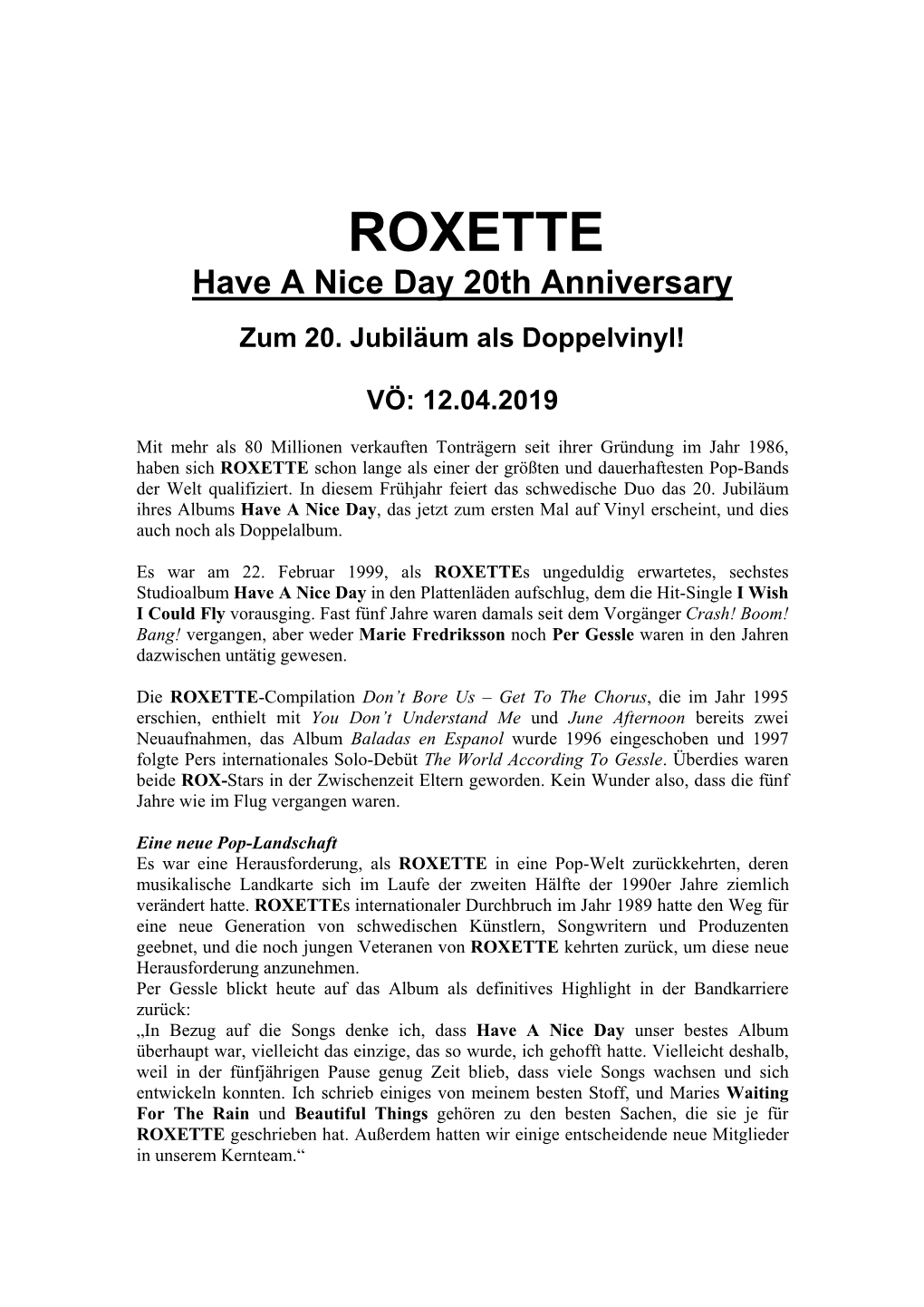 ROXETTE Have a Nice Day 20Th Anniversary