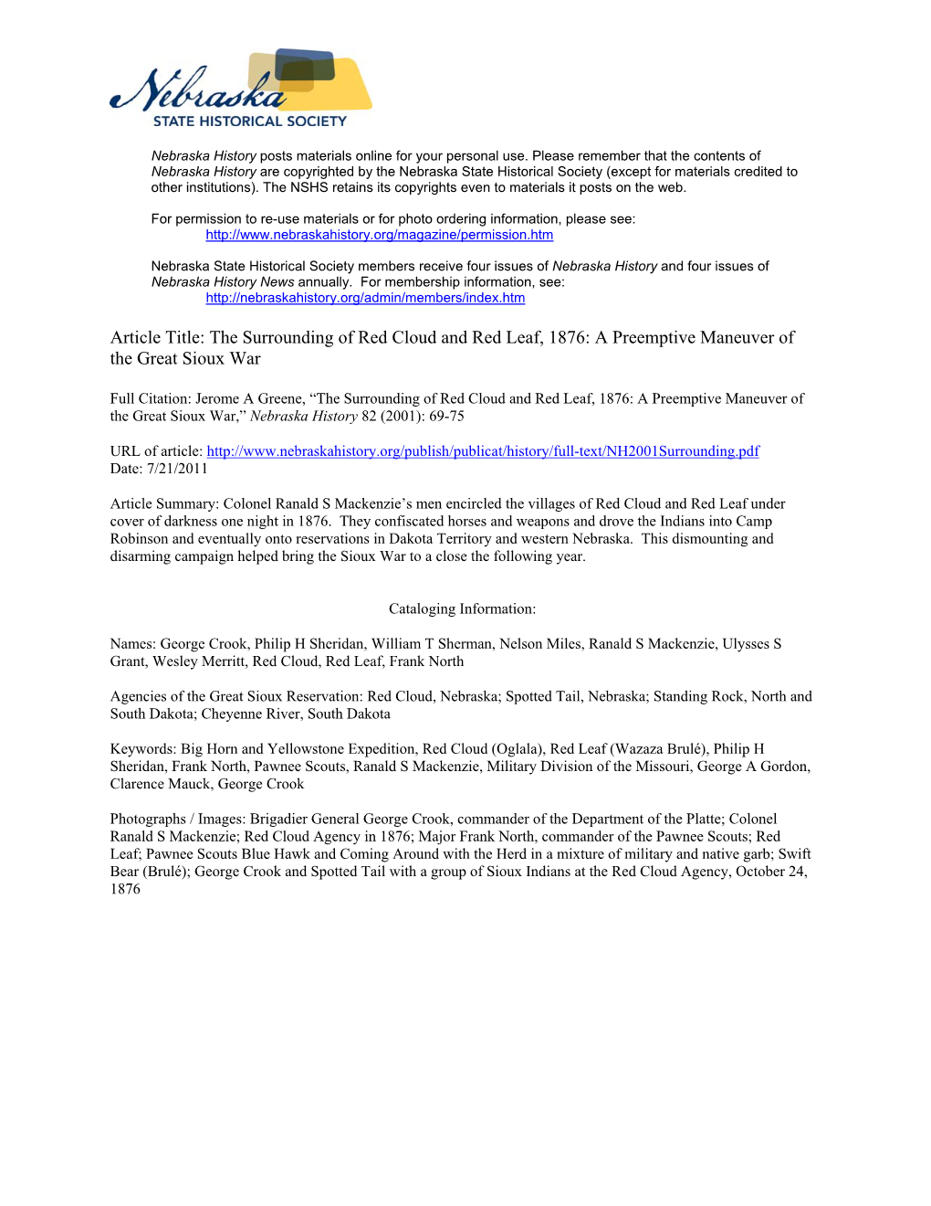 The Surrounding of Red Cloud and Red Leaf, 1876: a Preemptive Maneuver of the Great Sioux War