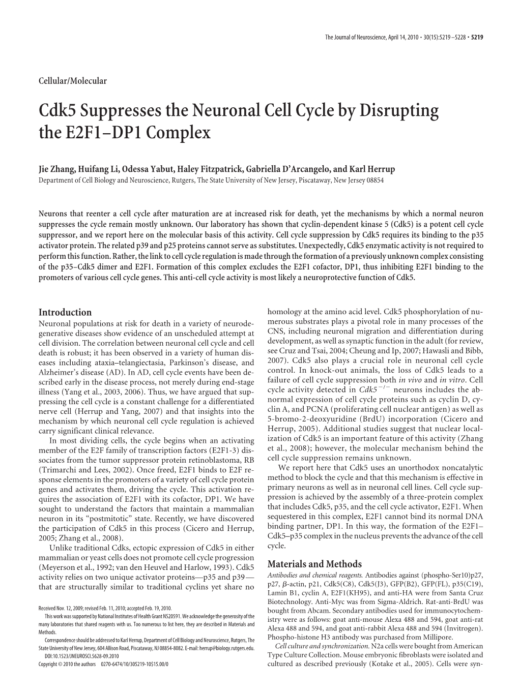 Cdk5 Suppresses the Neuronal Cell Cycle by Disrupting the E2F1–DP1 Complex