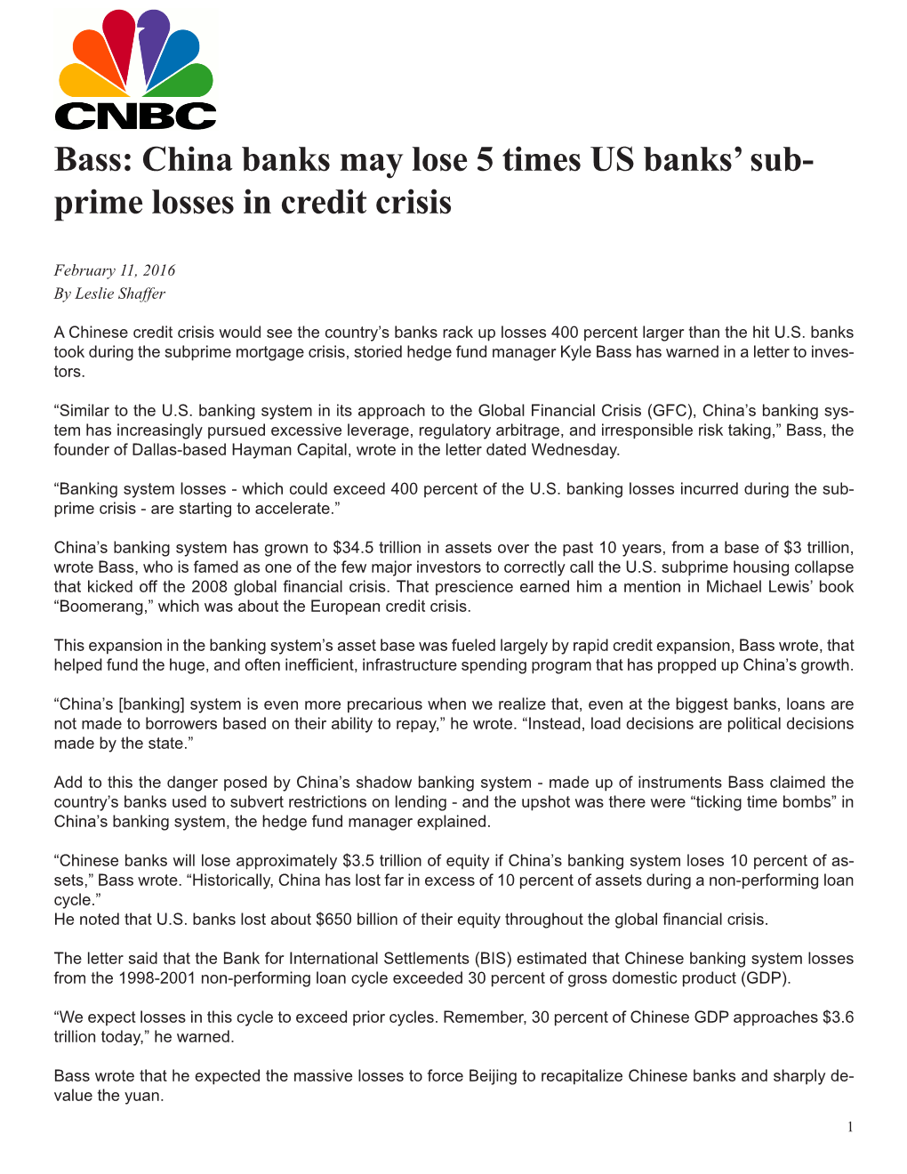 Bass: China Banks May Lose 5 Times US Banks' Sub- Prime Losses In