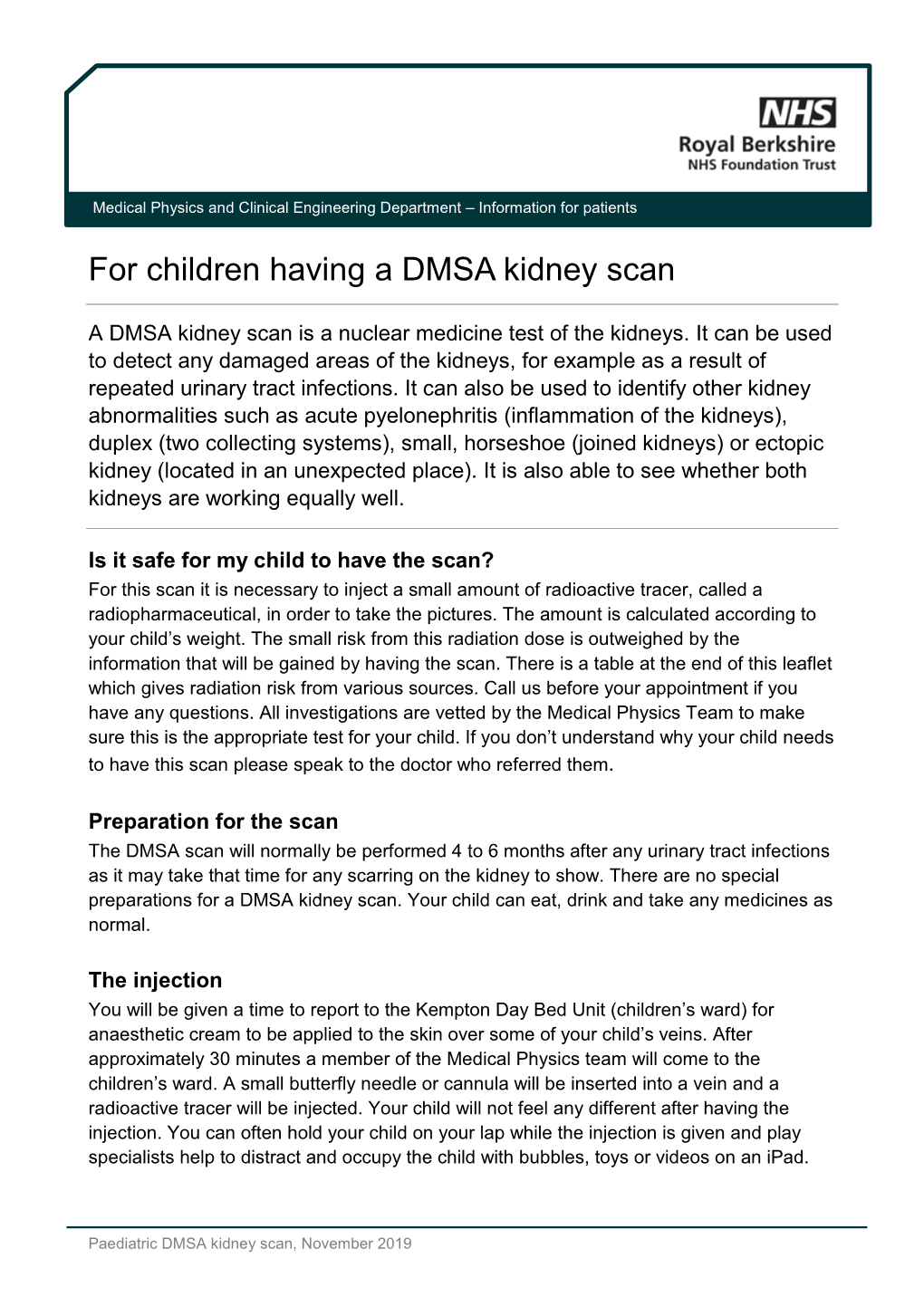 For Children Having a DMSA Kidney Scan