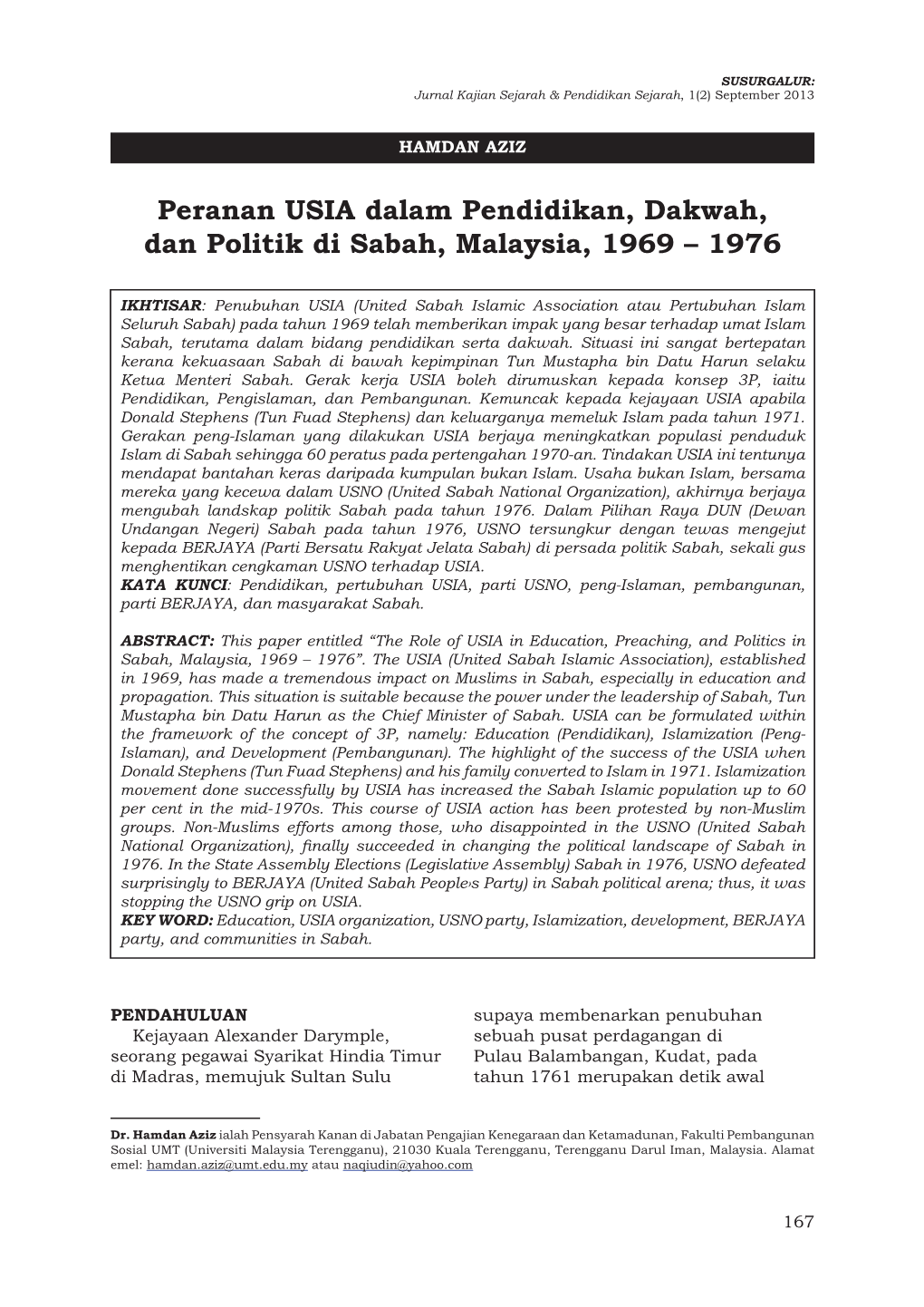 Peranan USIA Dalam Pendidikan, Dakwah, Dan Politik Di Sabah, Malaysia, 1969 – 1976