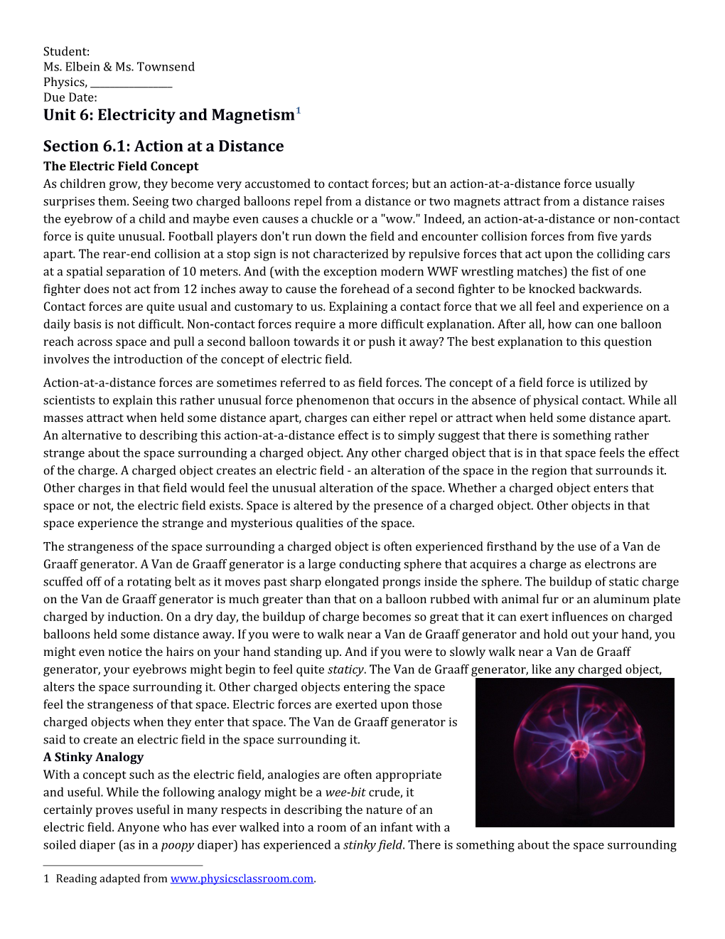 Unit 6: Electricity and Magnetism 1