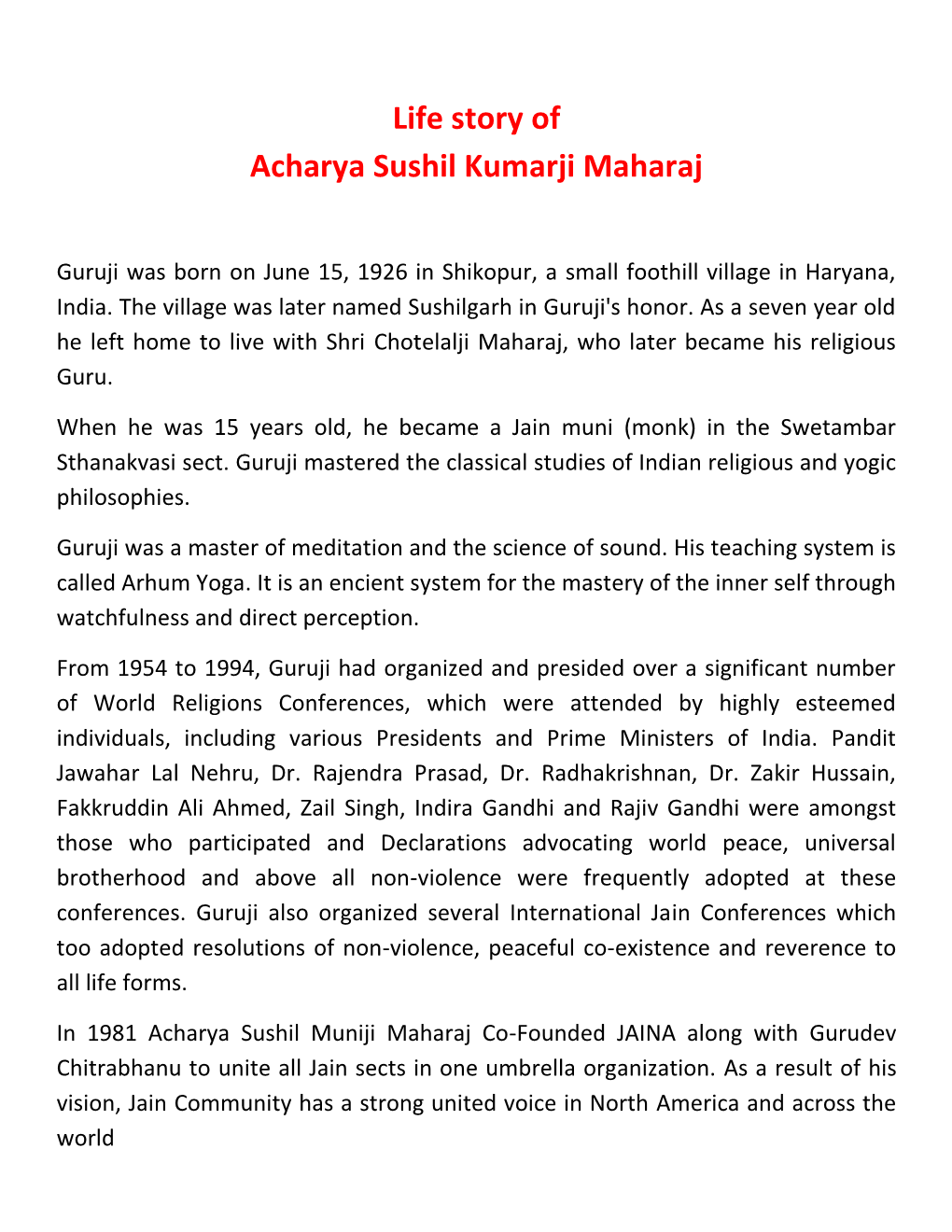 Life Story of Acharya Sushil Kumarji Maharaj