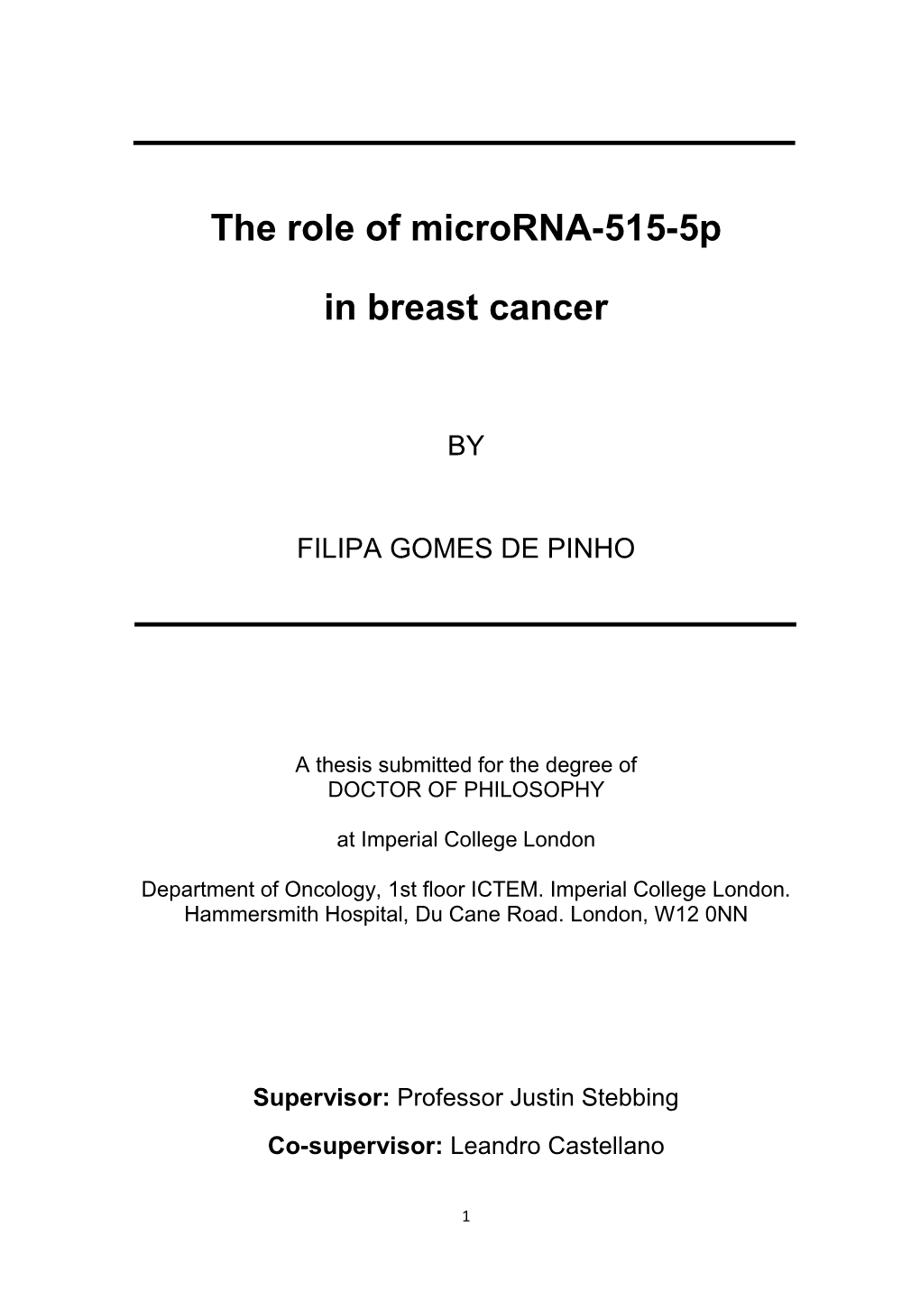 The Role of Microrna-515-5P in Breast Cancer