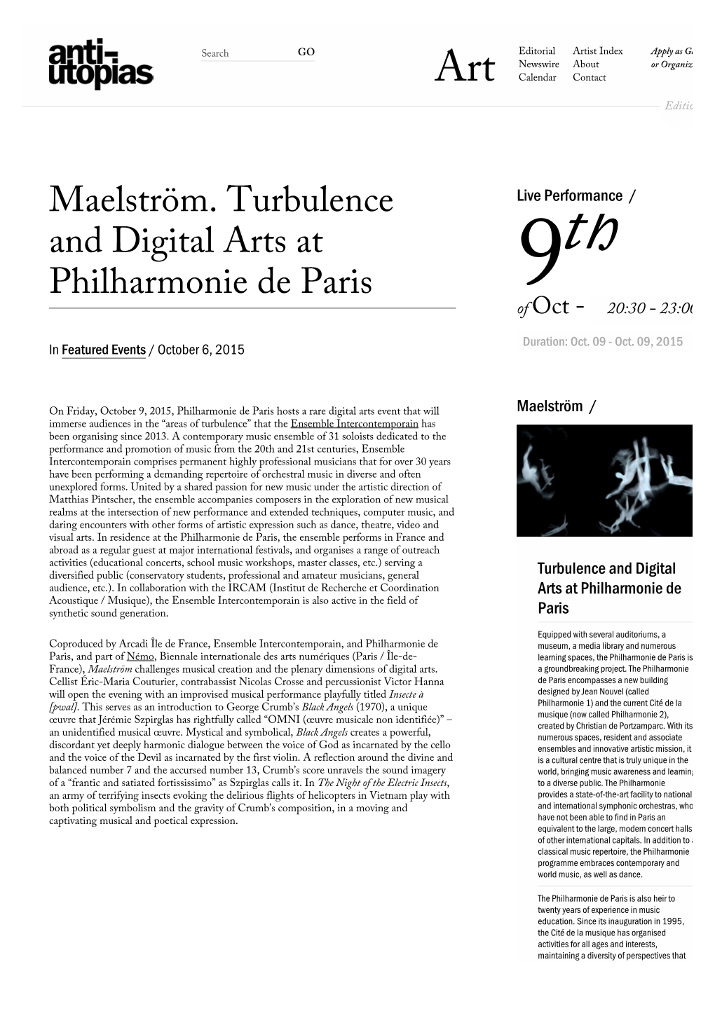 Maelström. Turbulence and Digital Arts at Th Philharmonie De Paris of Oct - 20:30 - 23:00 9Duration: Oct