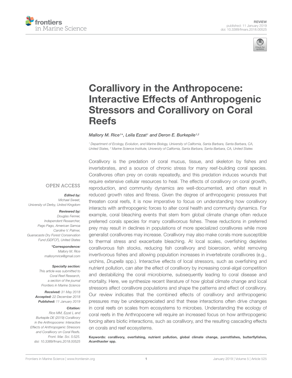 Corallivory in the Anthropocene: Interactive Effects of Anthropogenic Stressors and Corallivory on Coral Reefs