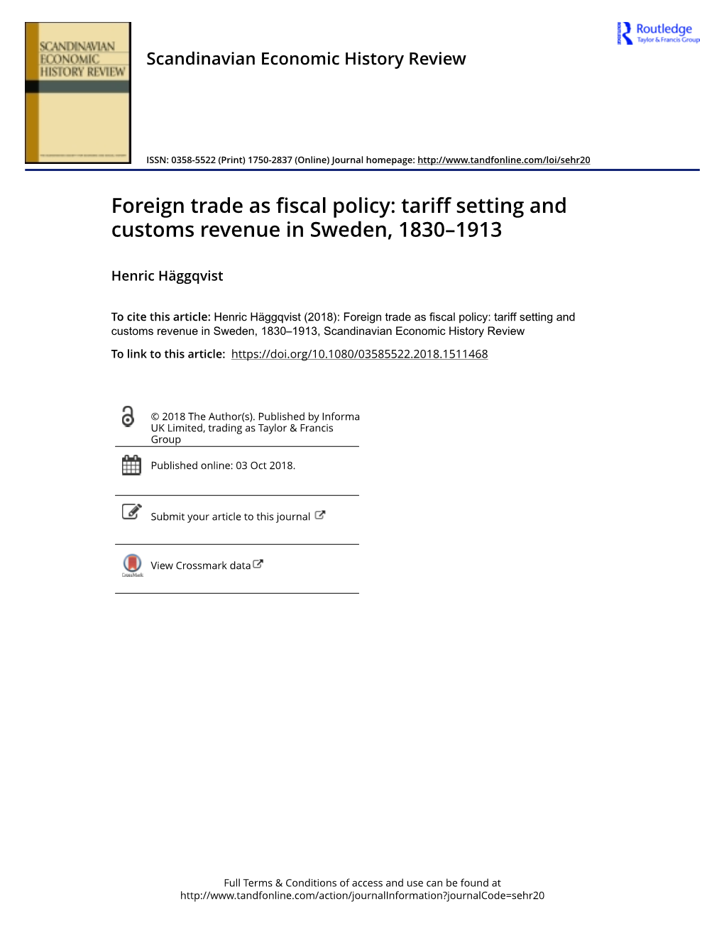 Tariff Setting and Customs Revenue in Sweden, 1830–1913