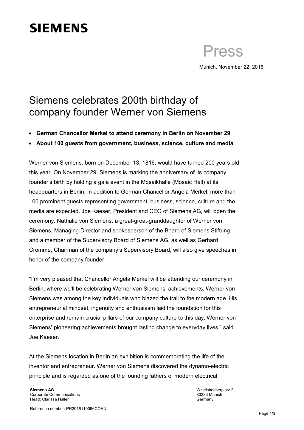 Siemens Celebrates 200Th Birthday of Company Founder Werner Von Siemens