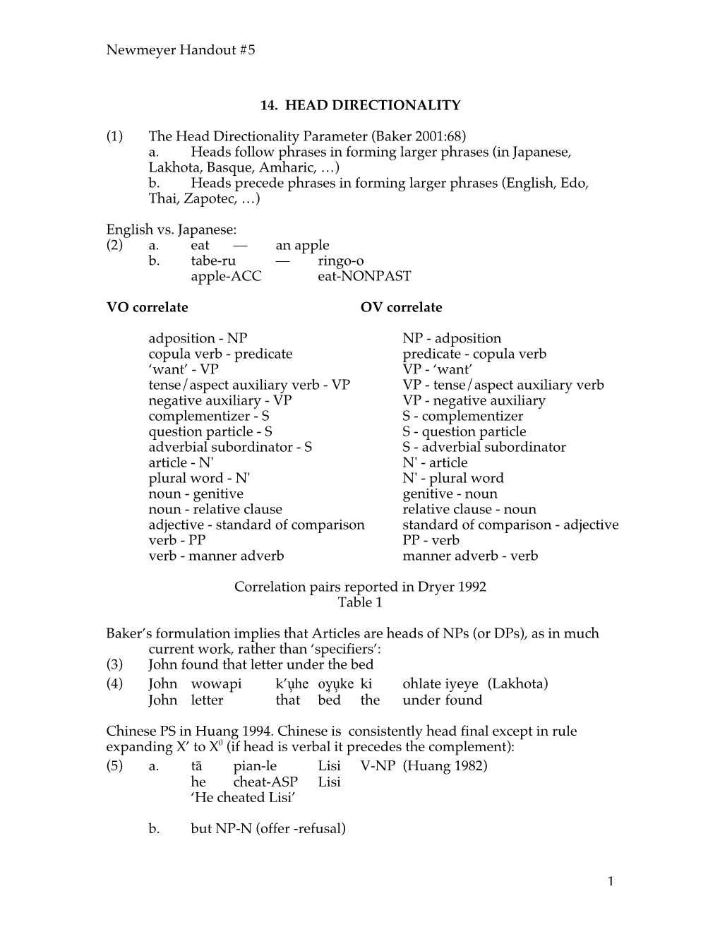 The Head Directionality Parameter (Baker 2001:68) A