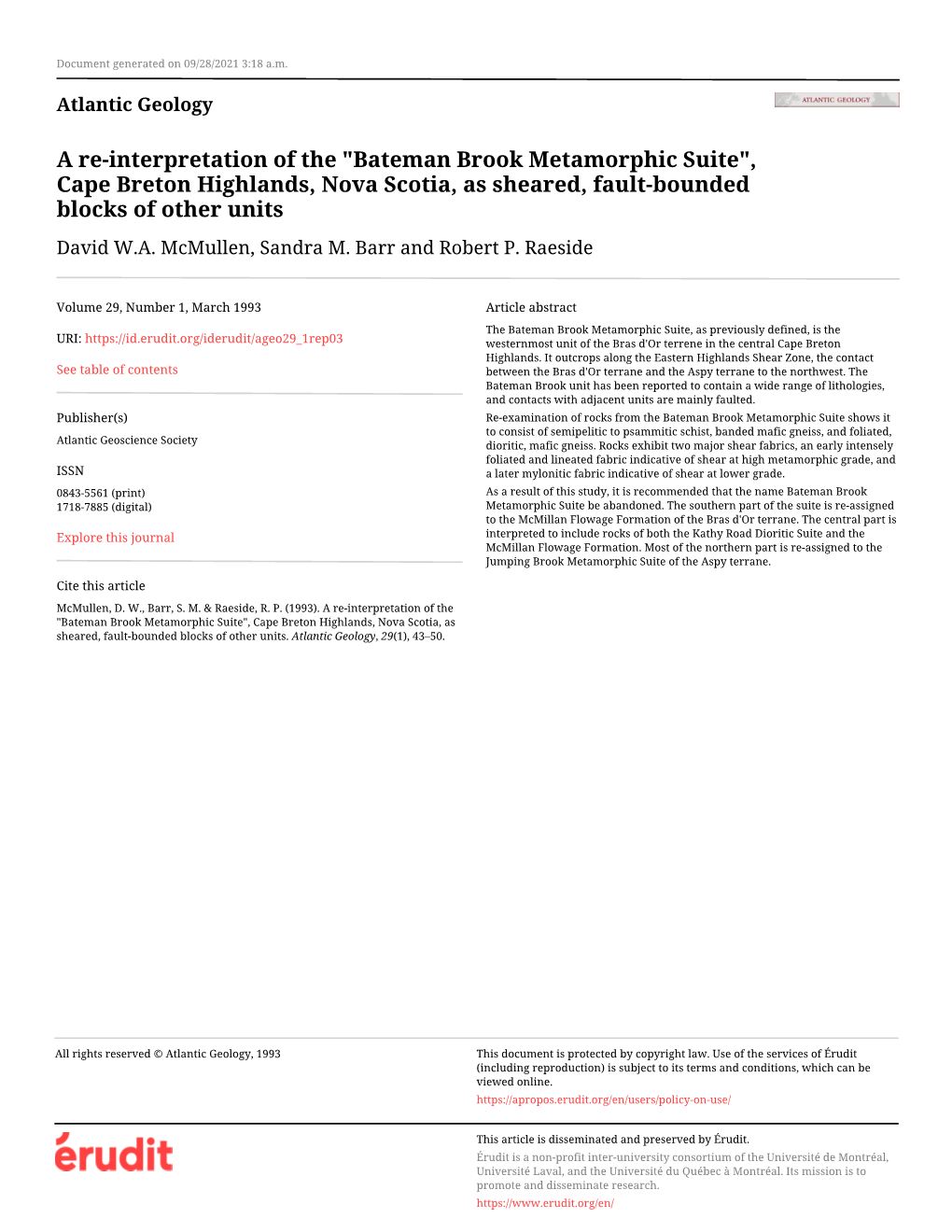 "Bateman Brook Metamorphic Suite", Cape Breton Highlands, Nova Scotia, As Sheared, Fault-Bounded Blocks of Other Units David W.A