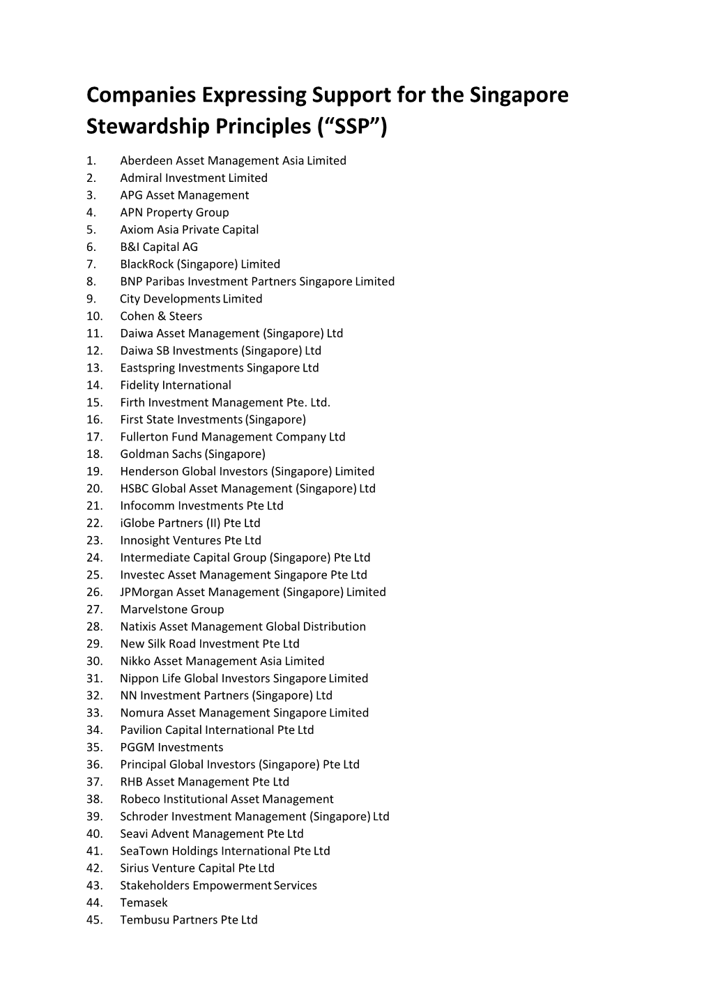 Companies Expressing Support for the Singapore Stewardship Principles (“SSP”)