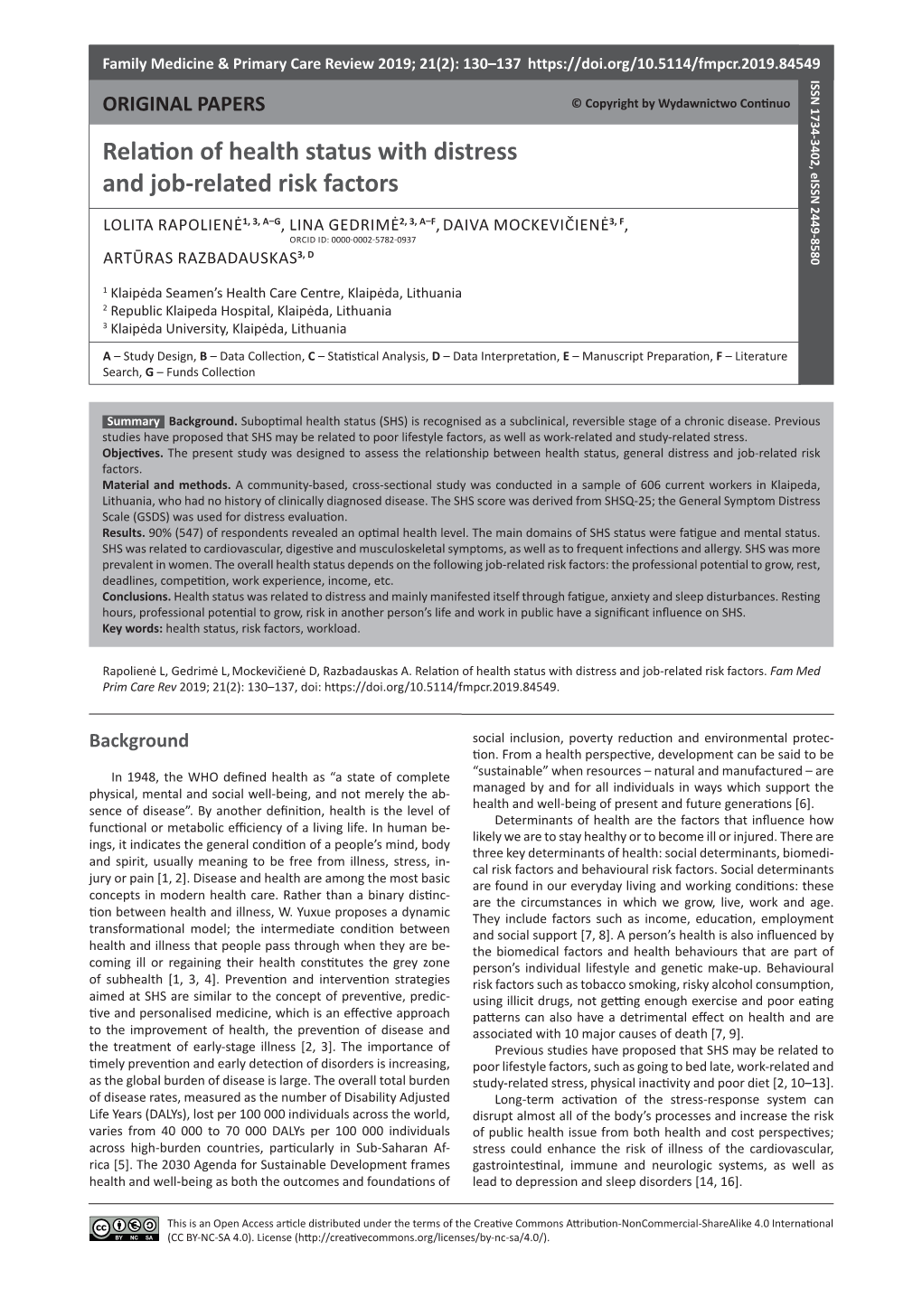 Relation of Health Status with Distress and Job-Related Risk Factors