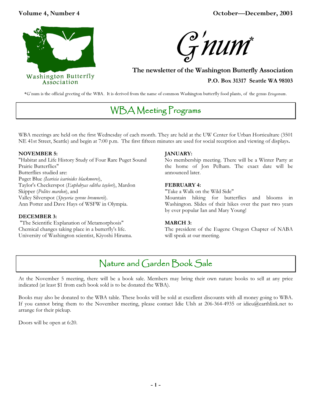 WBA Meeting Programs Nature and Garden Book Sale