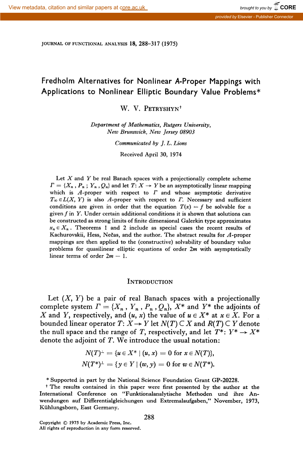 Fredholm Alternatives for Nonlinear A-Proper Mappings with Applications to Nonlinear Elliptic Boundary Value Problems*