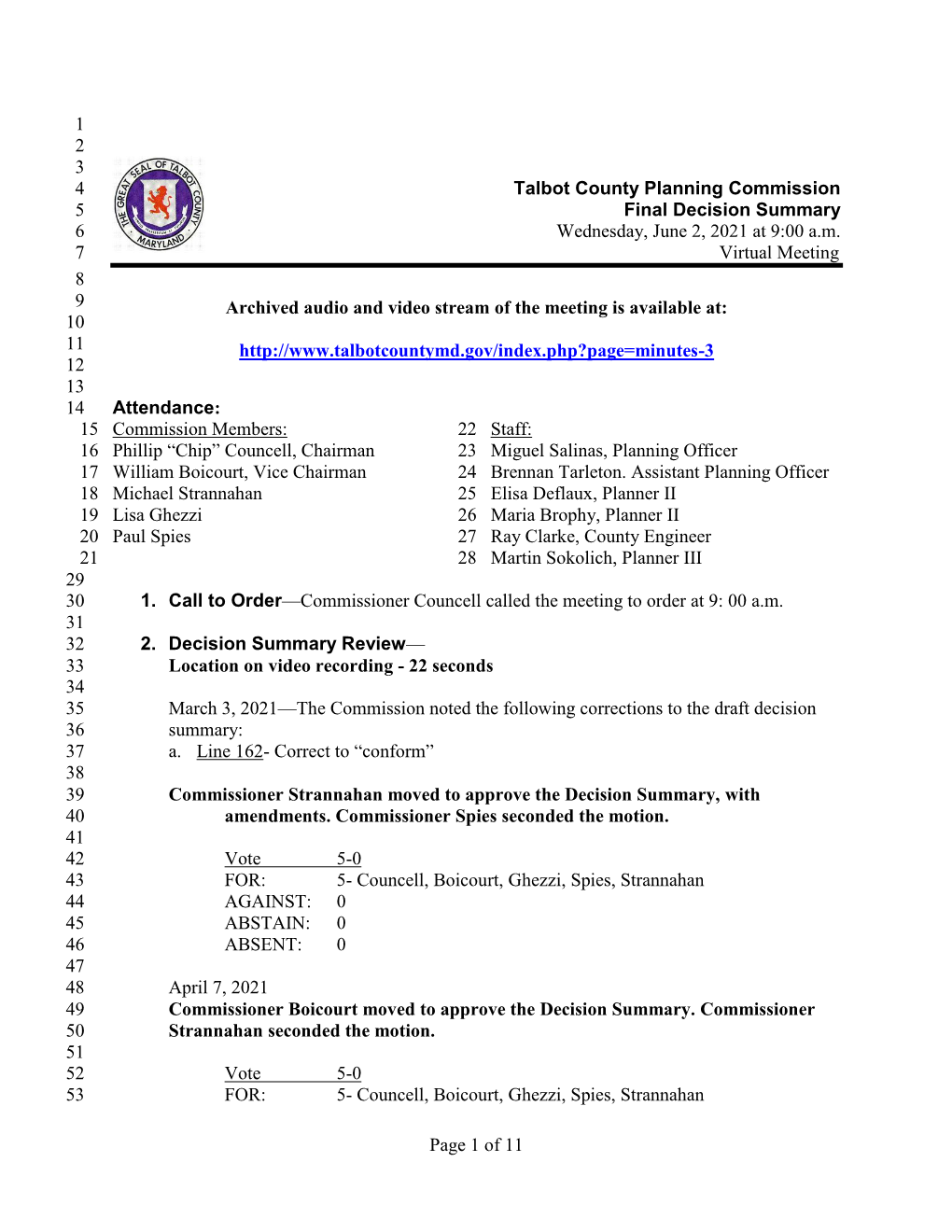 Page 1 of 11 1 2 3 Talbot County Planning Commission 4 Final Decision Summary 5 Wednesday, June 2, 2021 at 9:00 A.M. 6 Virtual