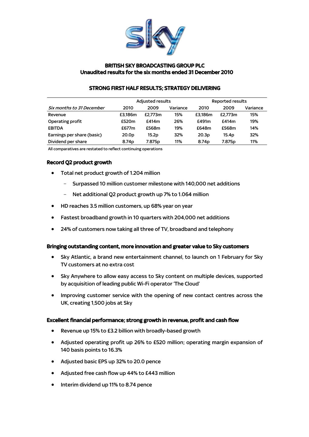 BRITISH SKY BROADCASTING GROUP PLC Unaudited Results for the Six Months Ended 31 December 2010