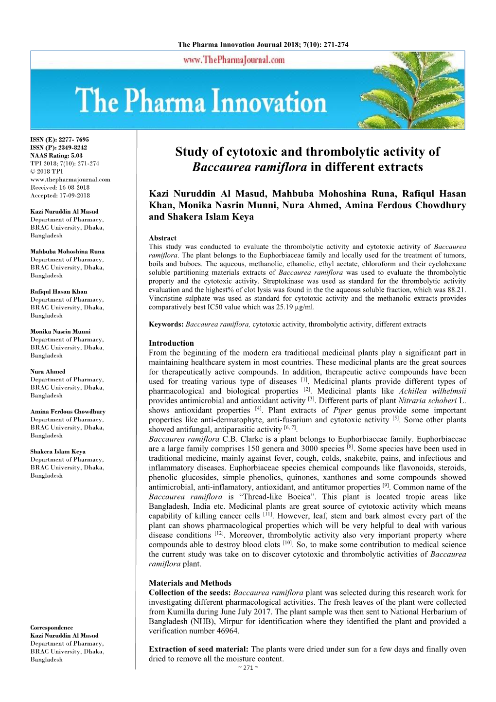Study of Cytotoxic and Thrombolytic Activity of Baccaurea Ramiflora In