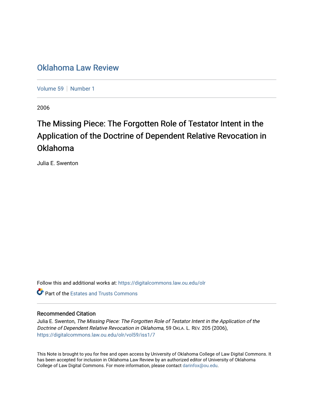 The Forgotten Role of Testator Intent in the Application of the Doctrine of Dependent Relative Revocation in Oklahoma