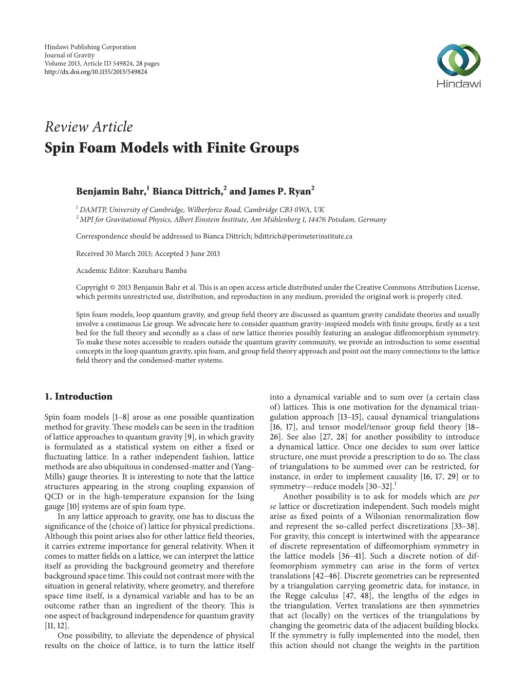 Review Article Spin Foam Models with Finite Groups