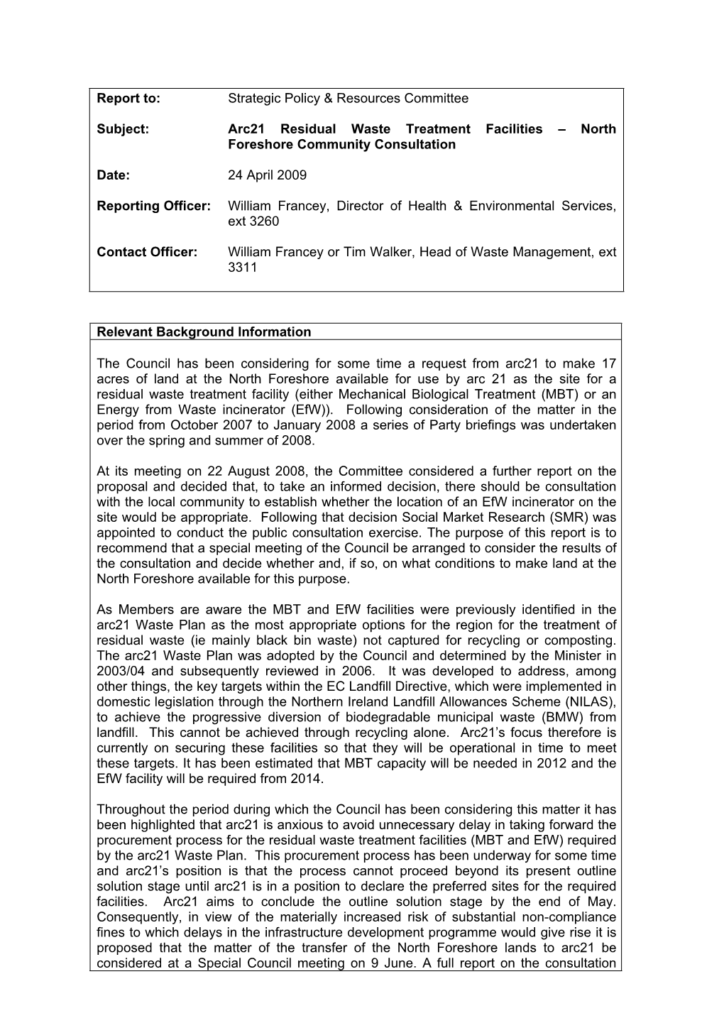 Arc21 Residual Waste Treatment Faciliities