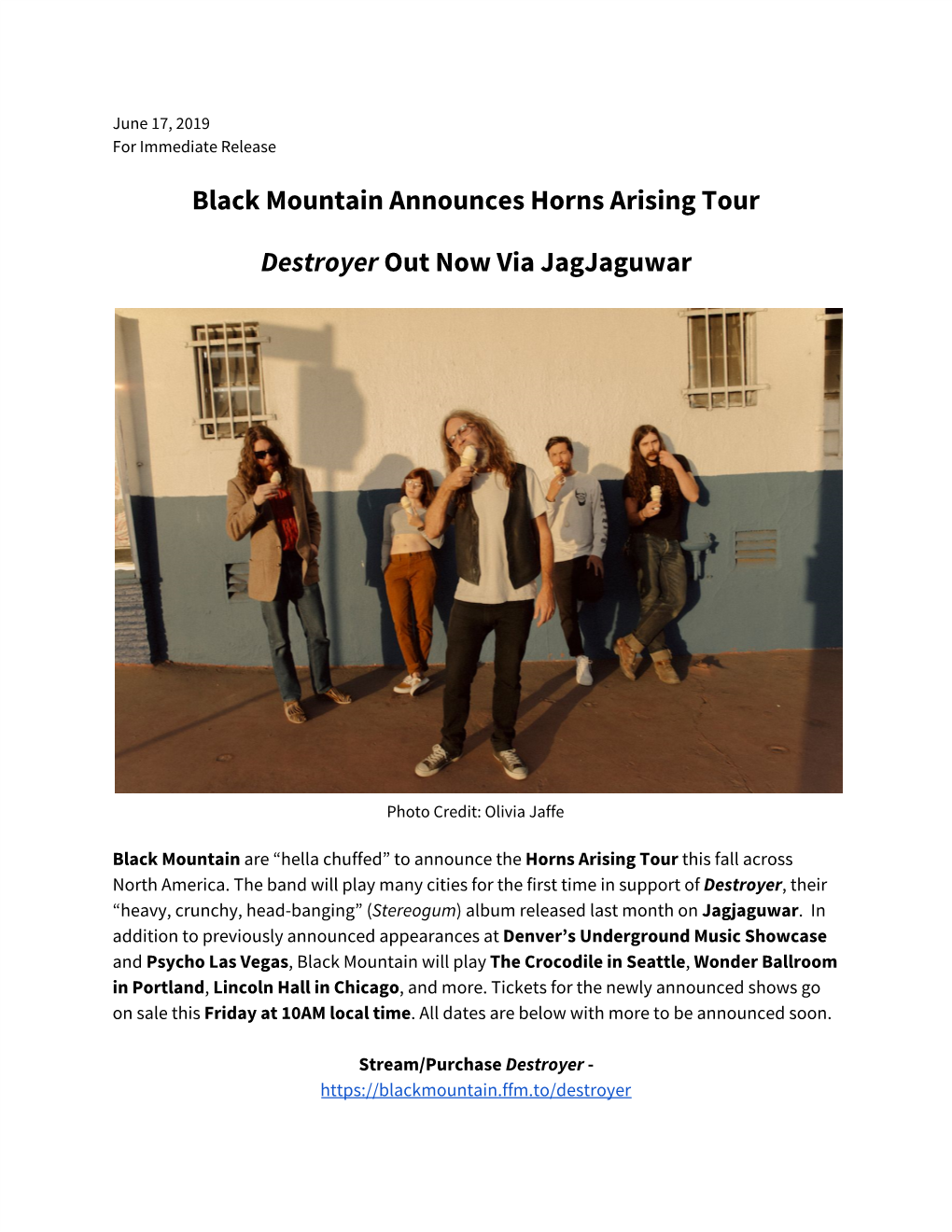 June 17, 2019 Black Mountain Announces Horns Arising Tour