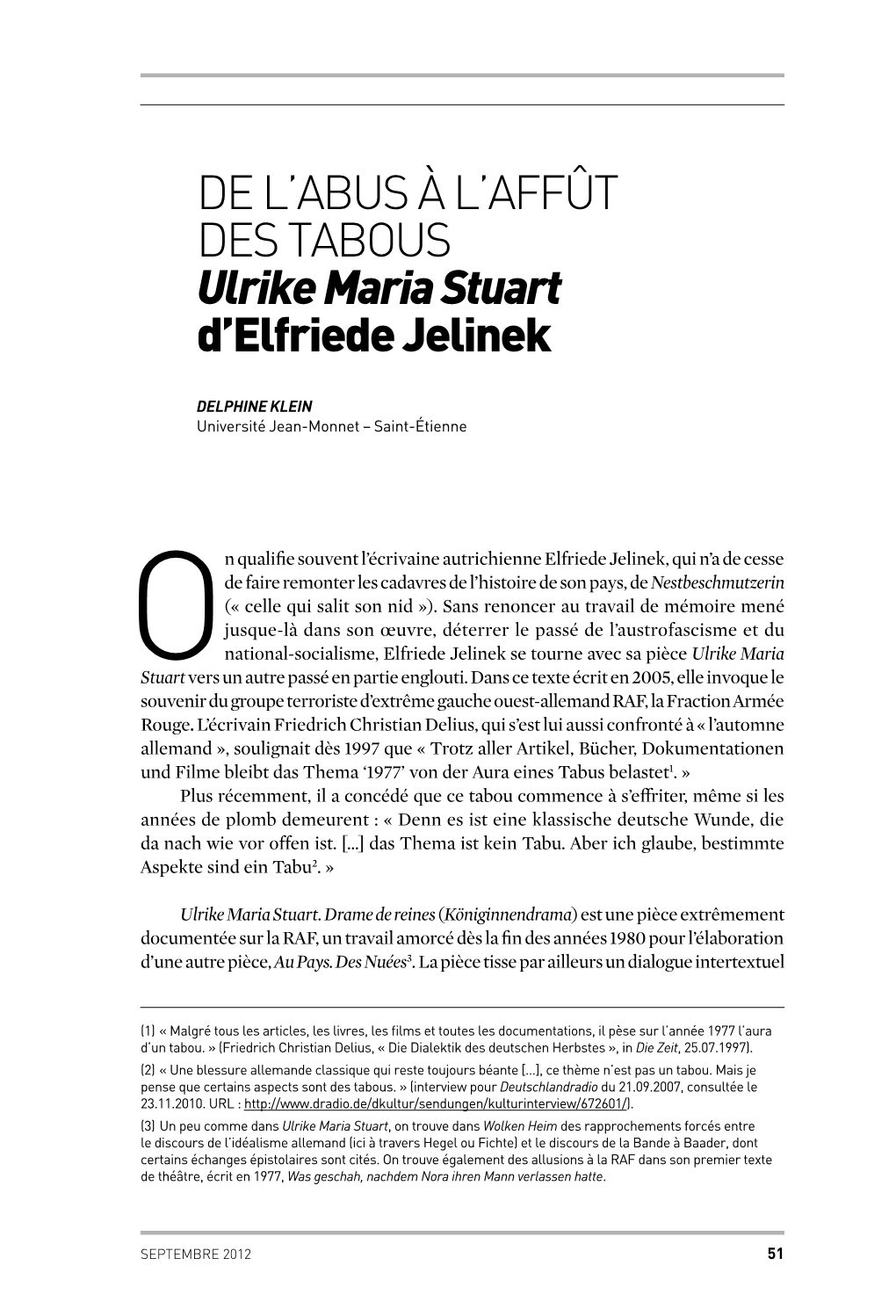 De L'abus À L'affût Des Tabous Ulrike Maria Stuart D'elfriede Jelinek