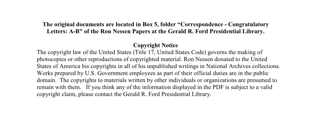 Correspondence - Congratulatory Letters: A-B” of the Ron Nessen Papers at the Gerald R