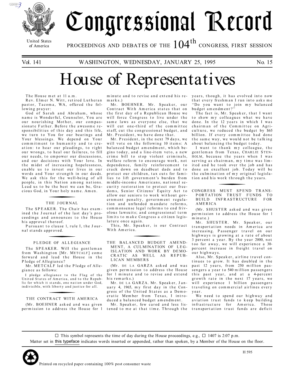 Congressional Record United States Th of America PROCEEDINGS and DEBATES of the 104 CONGRESS, FIRST SESSION