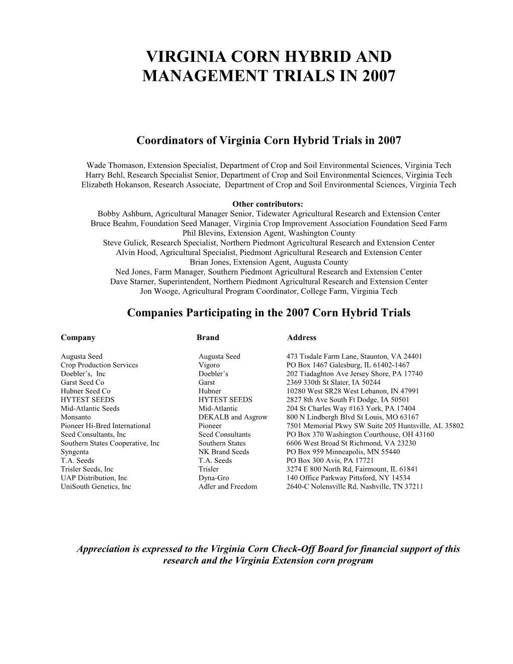 Index to Virginia Corn Hybrid and Management Trials 2004