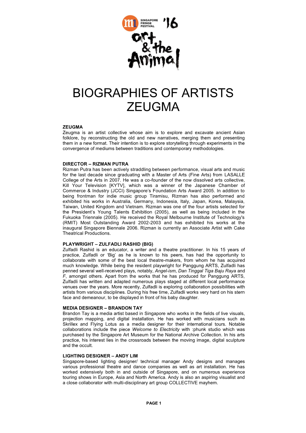 Biographies of Artists Zeugma