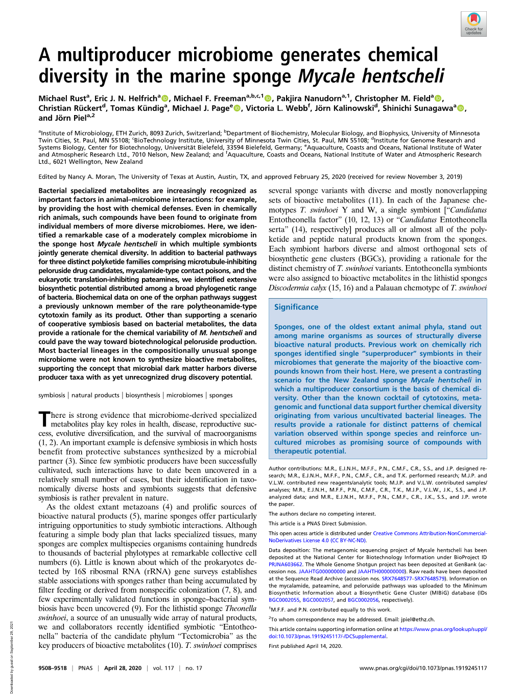 A Multiproducer Microbiome Generates Chemical Diversity in the Marine Sponge Mycale Hentscheli