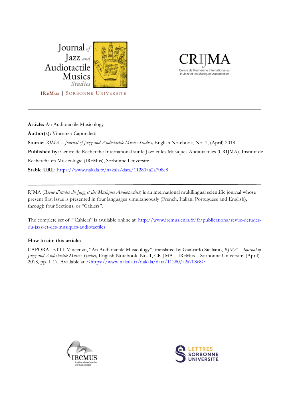 RJMA En Caporaletti an Audiotactile Musicology Mise En Page