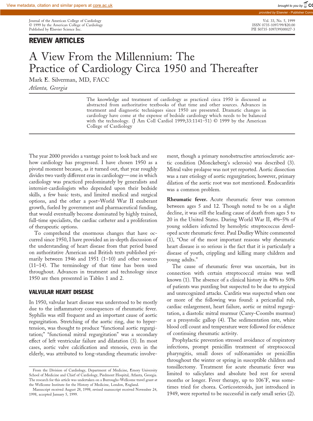 The Practice of Cardiology Circa 1950 and Thereafter Mark E